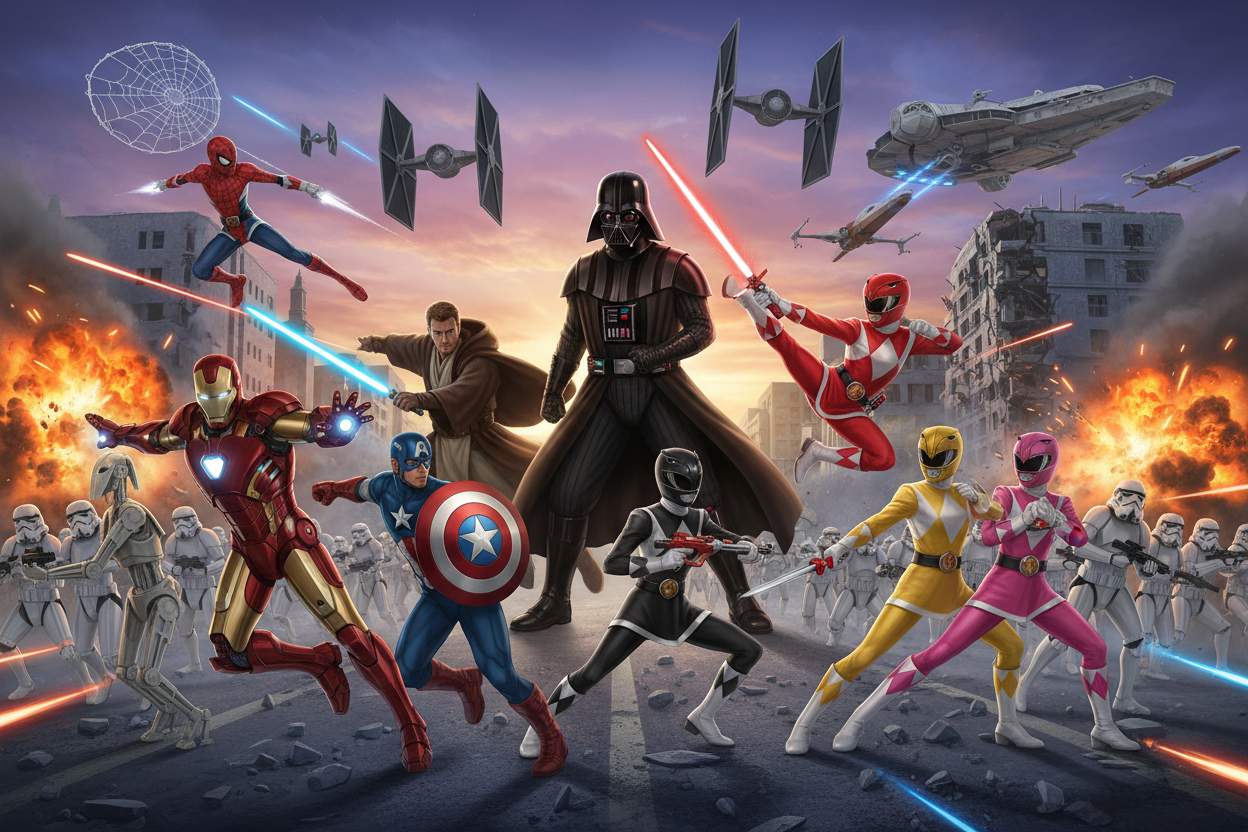 create a image with marvel heroes, star wars, power rangers