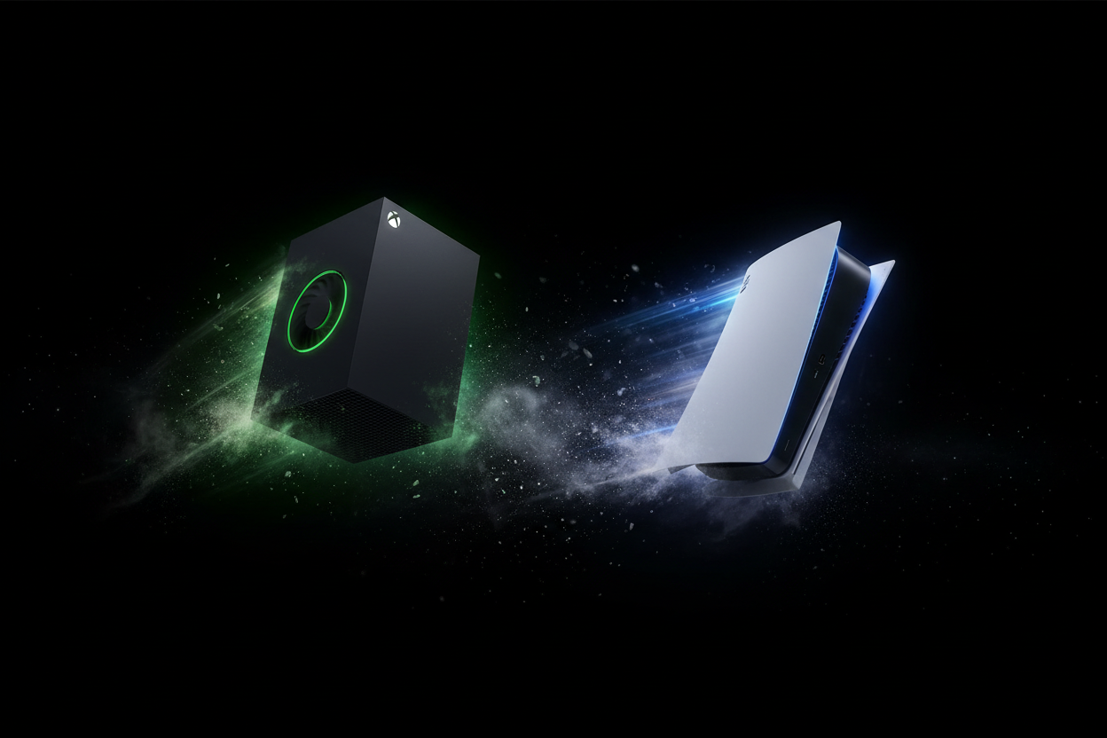 xbox and playstation consoles flying on a black background